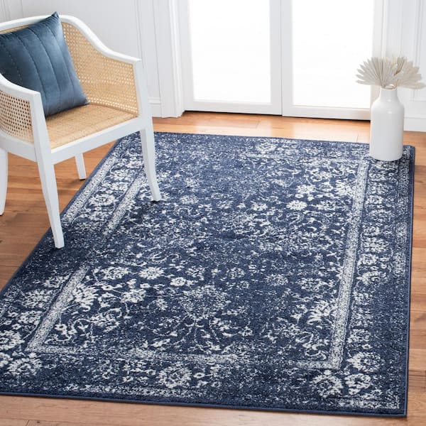 Adirondack Navy/Ivory 5 ft. x 8 ft. Border Distressed Area Rug