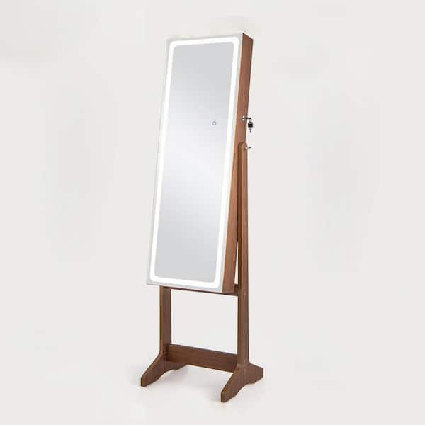 16 in. x 59.5 in. Walnut Brown Freestanding Lockable MDF Jewelry Armoire with Full-Length Mirror and Light