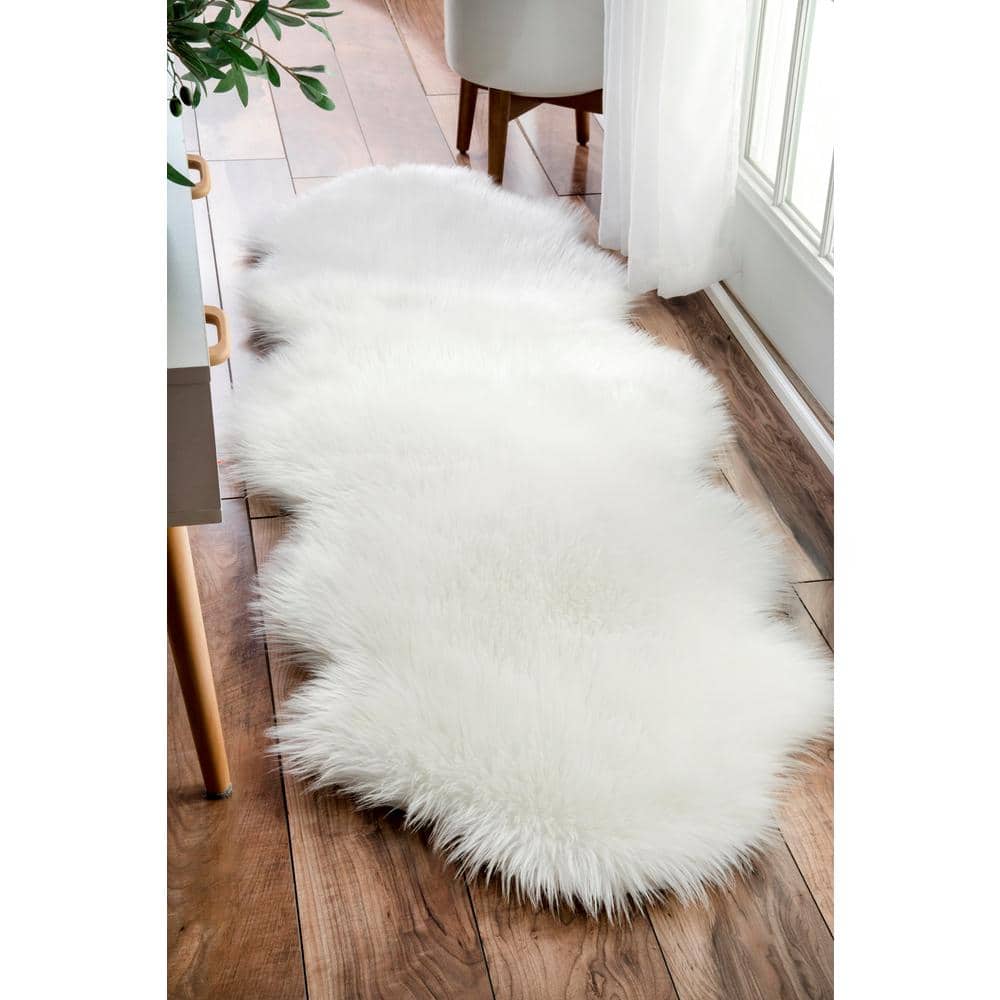 Ivory Faux Sheepskin Shag Rug 25"x7" Easy-Care & Stain-Resistant