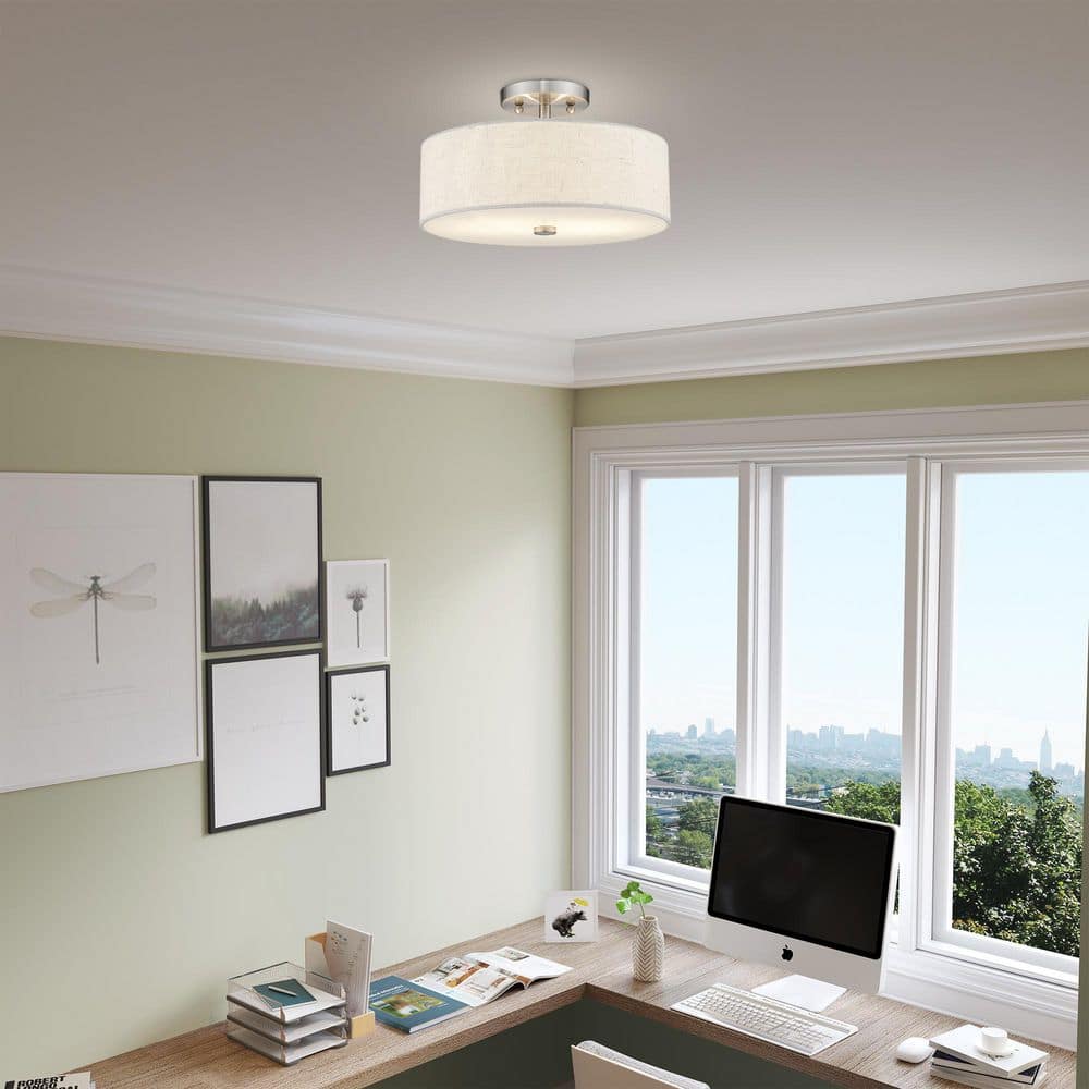 Elegant Meridian Brushed Nickel Drum Ceiling Light with Oatmeal Fabric Shade