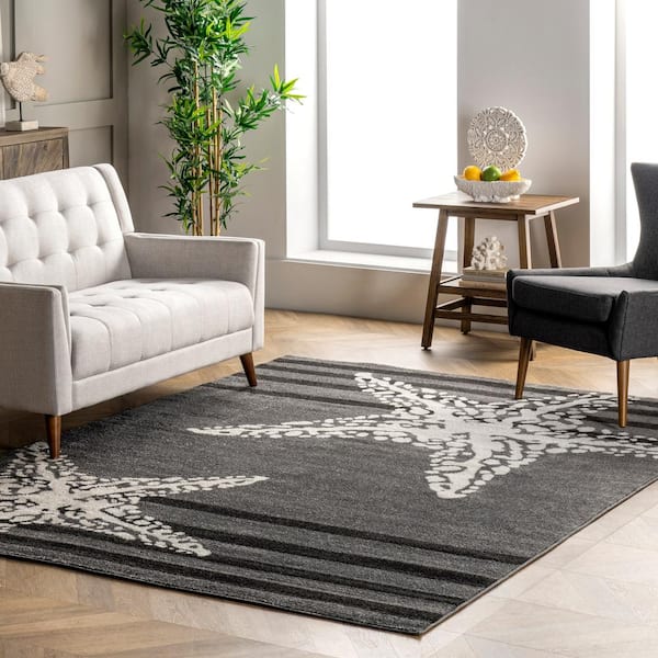 Minnie Coastal Starfish Gray 5 ft. x 8 ft. Indoor Living Room/Bedroom/Dining Room Area Rug
