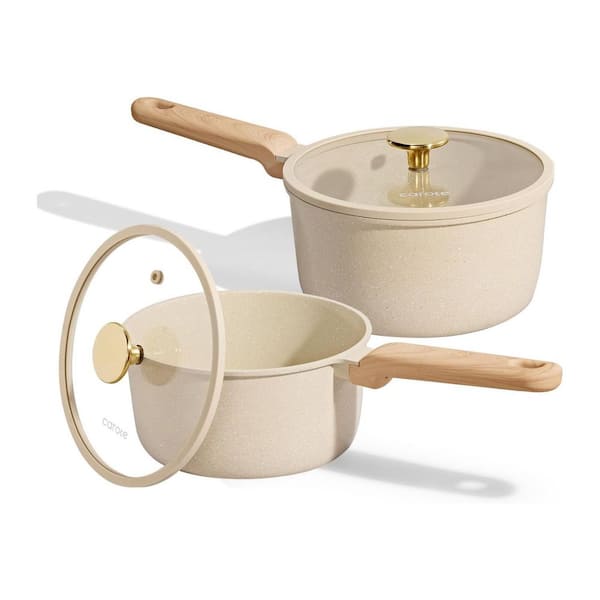 4-Piece White Ceramic Nonstick Saucepan Set with Lids, Pour Spout, Induction Compatible, Non-Toxic Cookware