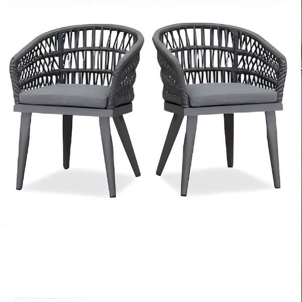 PURPLE LEAF 2 Pieces Outdoor Dining Chair All-Weather PE Rattan Aluminum Frame for Lawn Garden Backyard Deck with Cushion, Grey