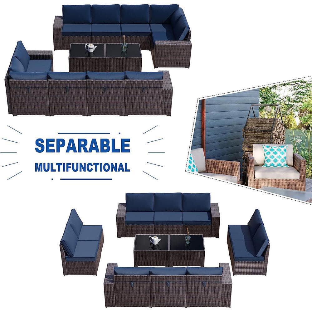 Navy Blue 12-Piece Steel and Rattan Outdoor Sectional Set