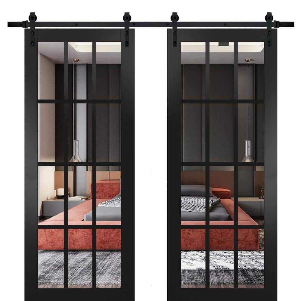 Assemble Required 18 in. x 96 in. 2-Panel Clear Glass Black Matte Solid Wood Sliding Barn Door with Hardware Kit price history on PriceWatchPro
