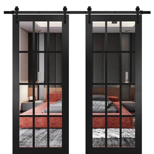 Sartodoors 32 in. x 96 in. 2 Panel Clear Glass Black Matte Solid Wood Sliding Barn Door with Hardware Kit