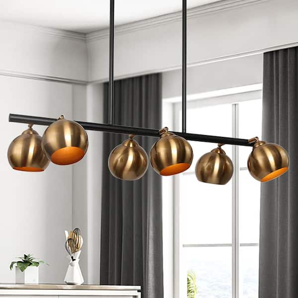Modern 6-Light Brass-Plated/Black Chandelier, Globe Pendant Light for Dining Room, Mid-Century Linear Pendant Lighting