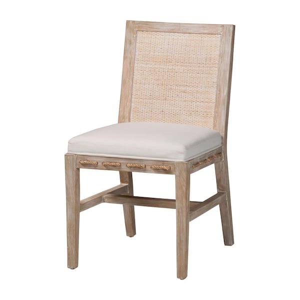 Ashford Whitewash Beige Mahogany Wood and Rattan Dining Chair