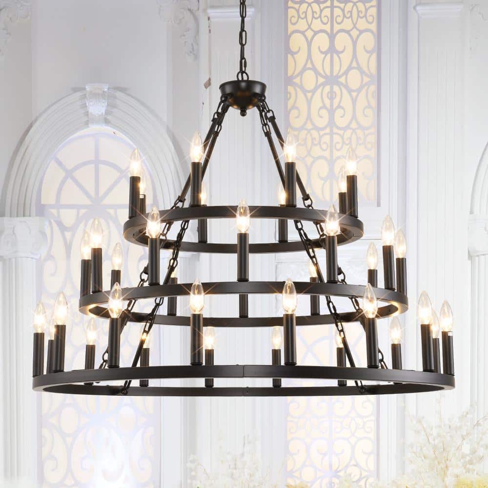 40w 36-Light Black 3 Tiers Wagon Wheel Chandelier Adjustable Height for High Ceiling Living Dining Room Foyer price history on PriceWatchPro