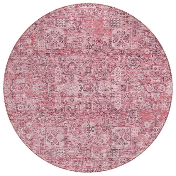 HomeRoots Pink, Blush, Charcoal 8 ft. Round Woven Floral Polyester Round Indoor/Outdoor Area Rug