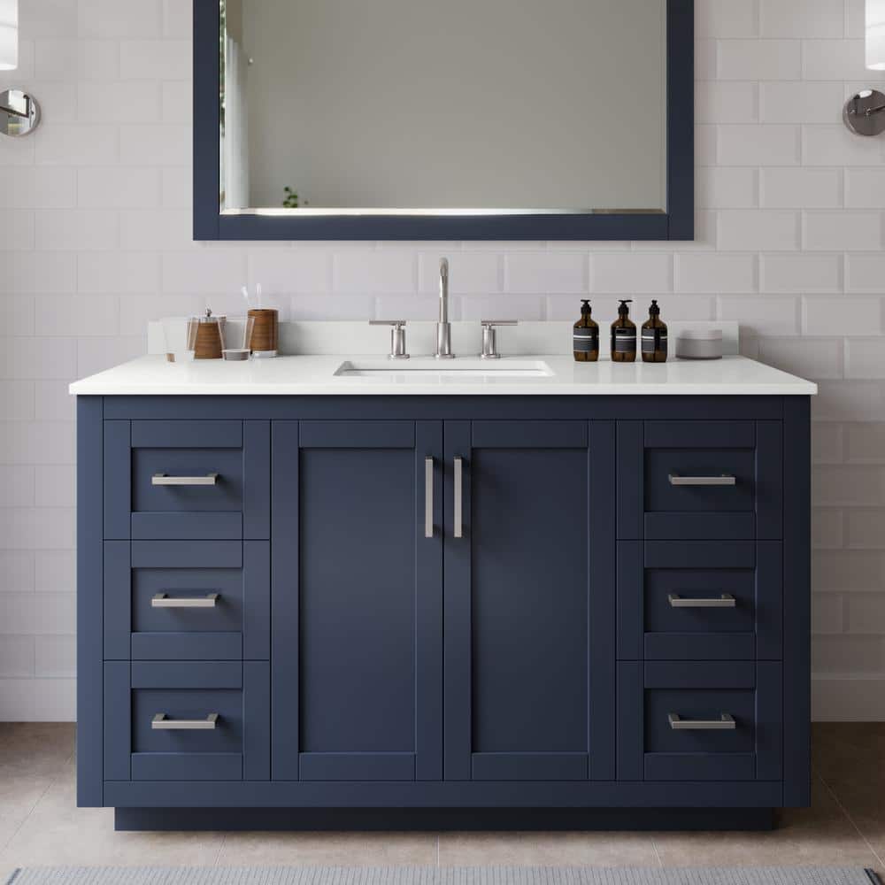 Miranda 54 in. W x 22 in. D x 33.75 in. H Single Bath Vanity in Dark Blue with White Quartz Top and 46 in. Mirror price history on PriceWatchPro