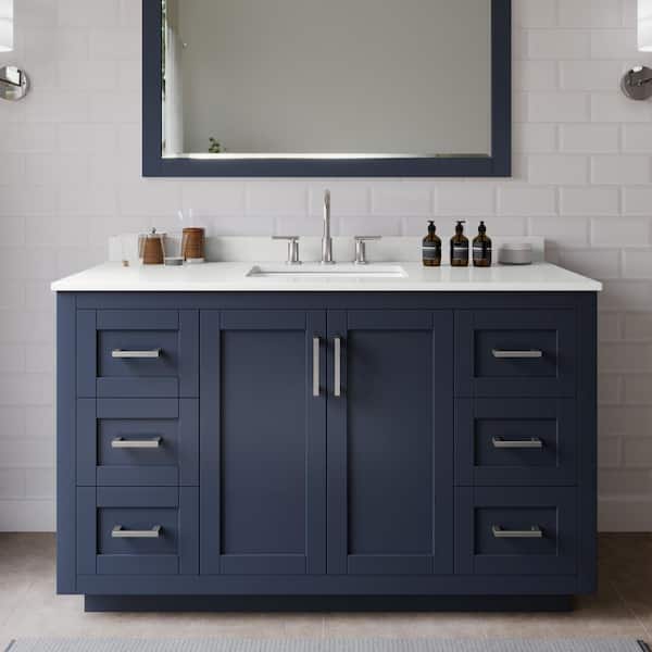 Wyndham Collection Miranda 54 in. W x 22 in. D x 33.75 in. H Single Bath Vanity in Dark Blue with White Quartz Top and 46 in. Mirror