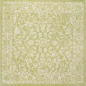 Tela Bohemian Textured Weave Floral Green/Cream 5 ft. Square Indoor/Outdoor Area Rug