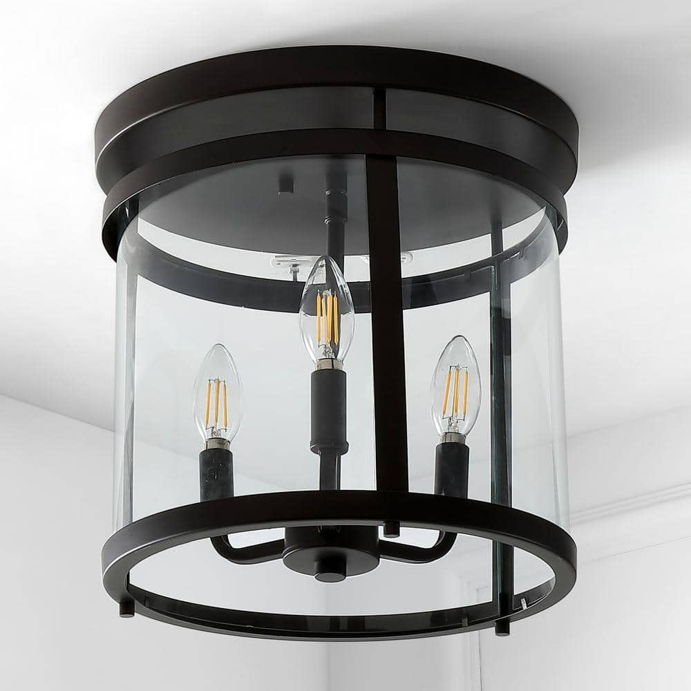 Ciel Simple Farmhouse 12.5" 3-Light Black Iron Glass Flush Mount