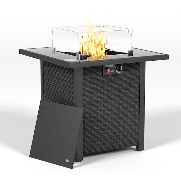 Unbranded 28 in. Propane Fire Pit Table, Rattan and Wicker 50000 BTU Gas Firepits with Glass Windscreen Protector in Coffee