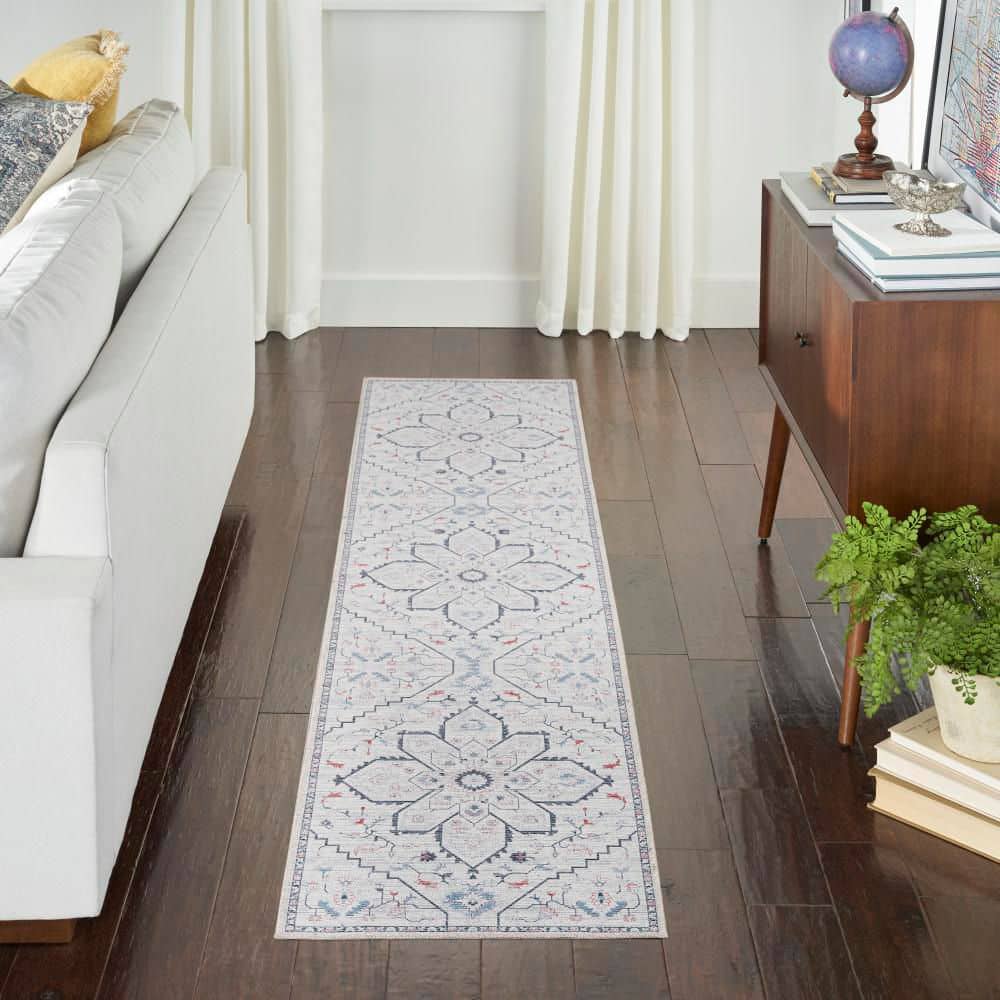 Ivory Blue Floral Cotton Synthetic Runner Rug 2'2" x 10'