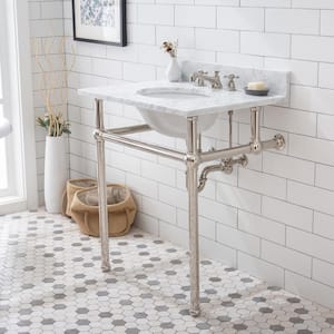 Embassy 30 in. Brass Wash Stand with Polished Nickel P-Trap Kit, Marble Counter Top, and White Basin