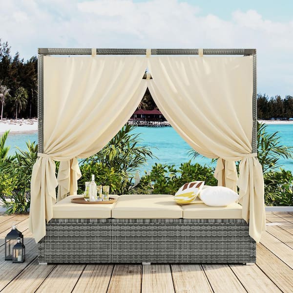 Runesay Wicker Adjustable Sun Bed With Curtain Outdoor Day Bed with Beige Cushions