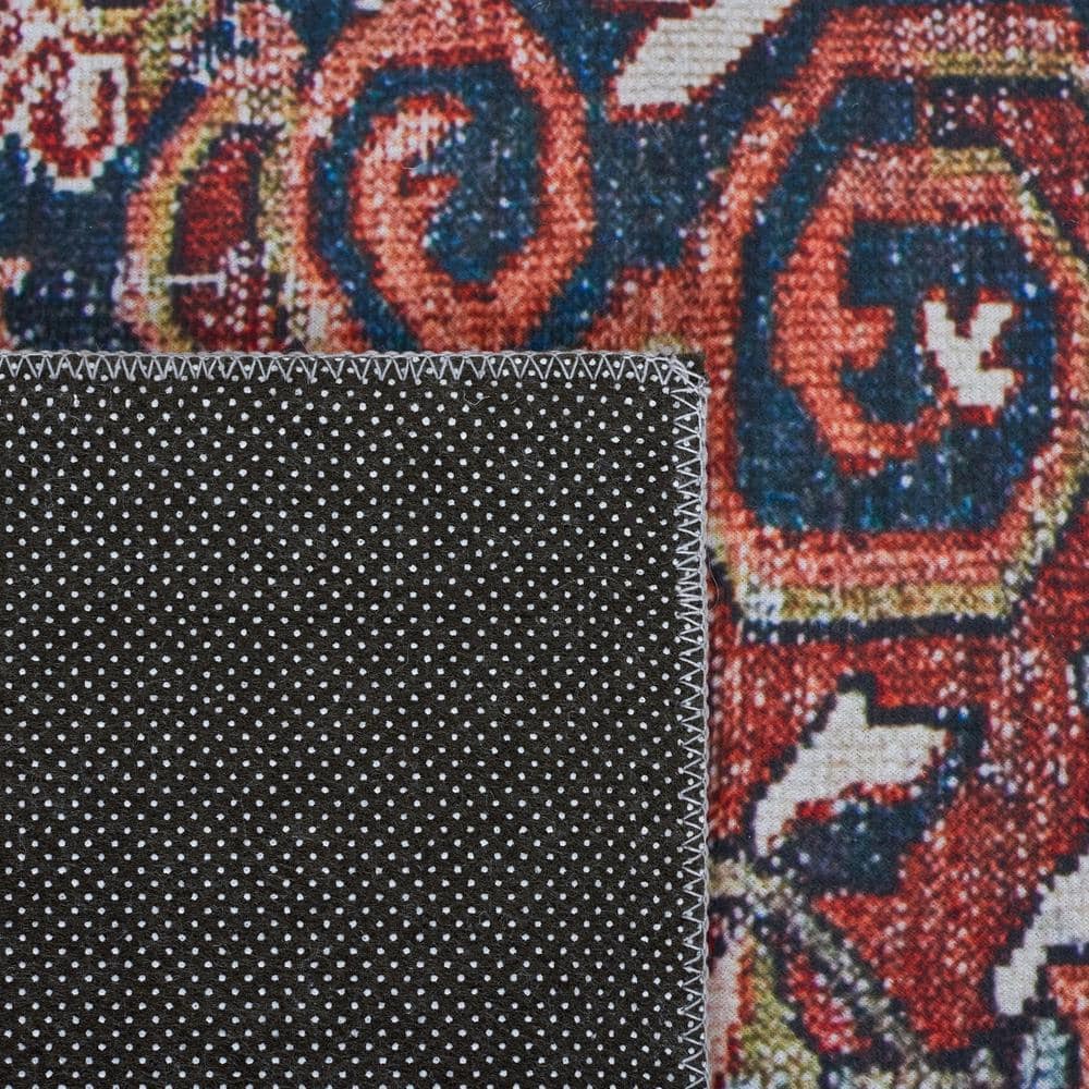 Red and Navy Square Synthetic Hand-Knotted Area Rug