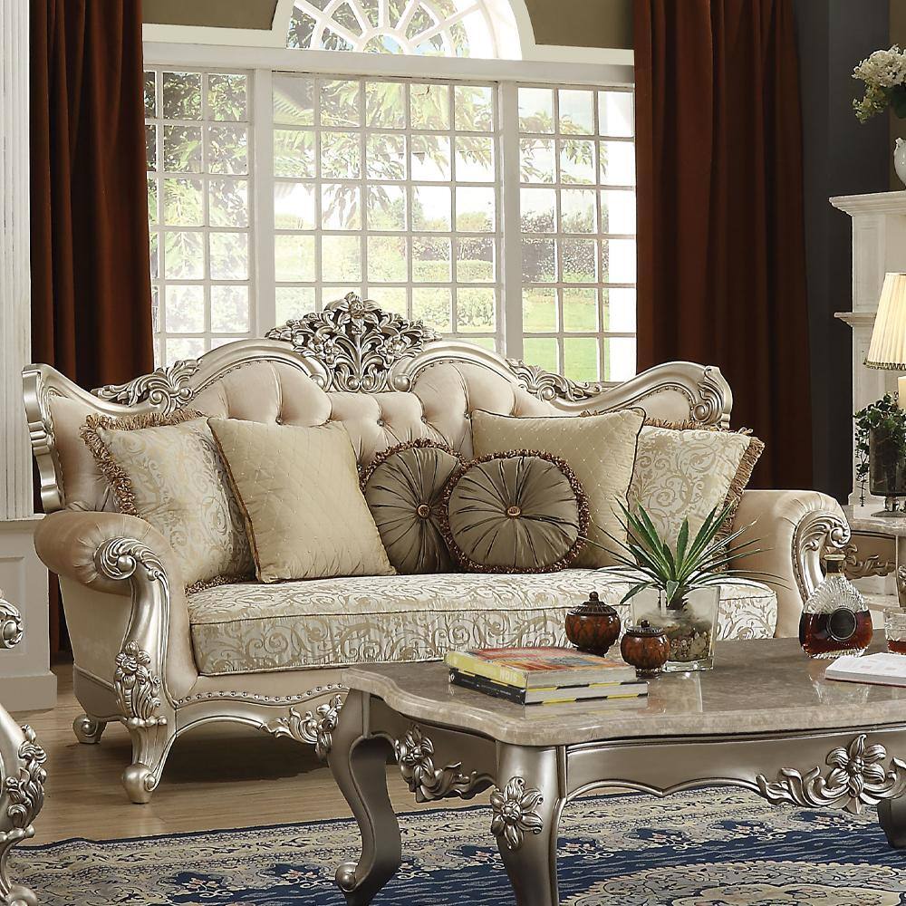 88" Champagne Gold Tufted Victorian-Inspired Sofa with 7 Pillows