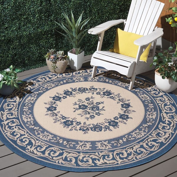 Courtyard 7 ft. x 7 ft. Cream/Blue Floral Indoor/Outdoor Round Rug
