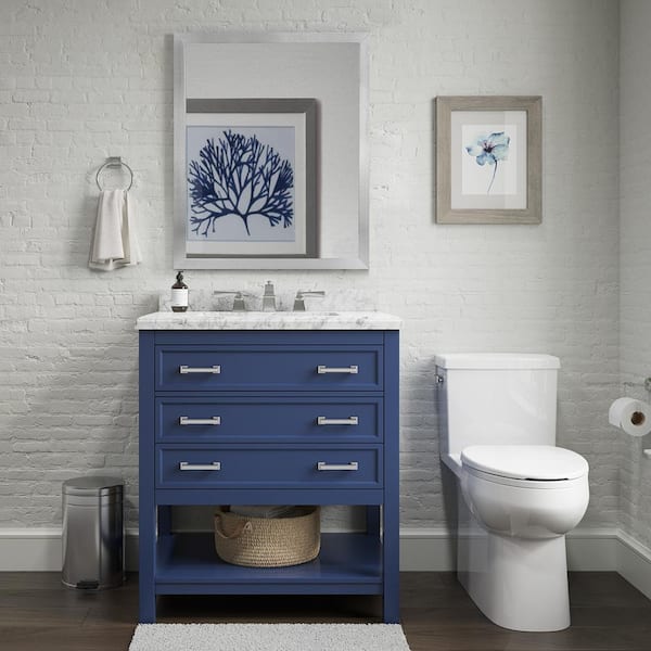 Home Decorators Collection Everett 31 in. W x 22 in. D x 36 in. H Single Sink Freestanding Bath Vanity in Aegean Blue with Carrara Marble Top