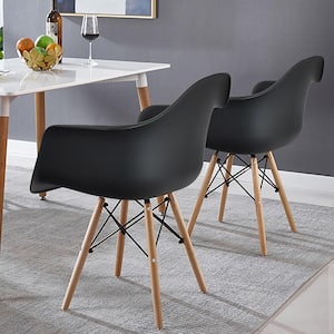 Black Mid Century Modern Molded Dining Arm Side Chair Wood Legs (Set of 2)