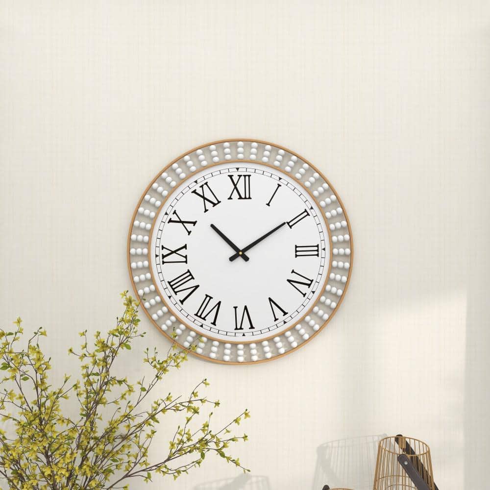 Oversized White Beaded Wall Clock with Gold Frame