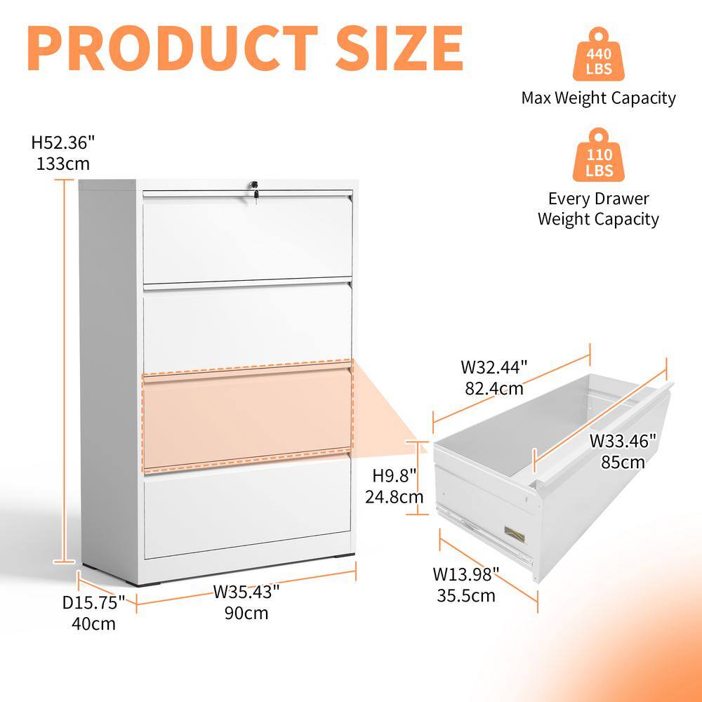 White 4-Drawer Lockable Steel Lateral File Cabinet