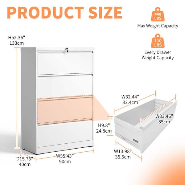 4-Drawer White 52.28 in. H x 35.43 in. W x 15.75 in. D Metal 4-Drawer White 52.28 in. H x 35.43 in. W x 15.75 in. D Metal