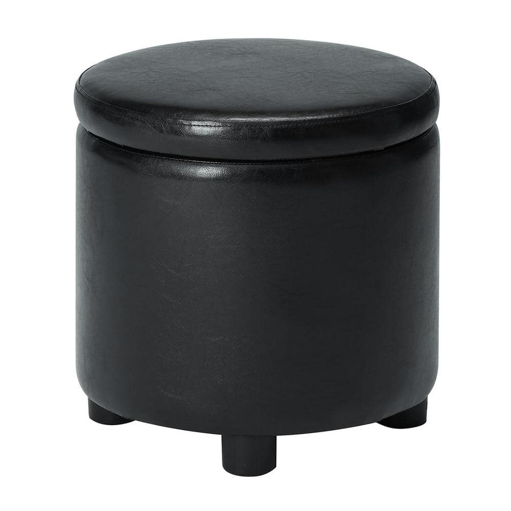 16" Round Black Faux Leather Ottoman with Reversible Tray