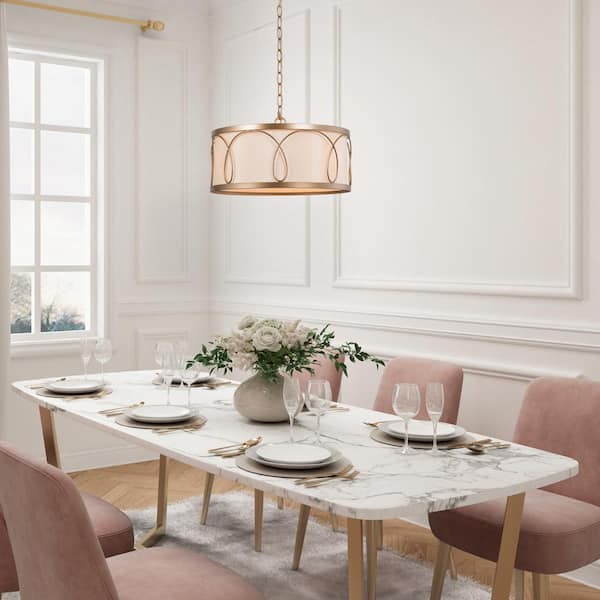 Modern Farmhouse Gold Pendant Light, 3-Light Transitional Drum Kitchen Chandelier with Fabric Shade for Dining Room