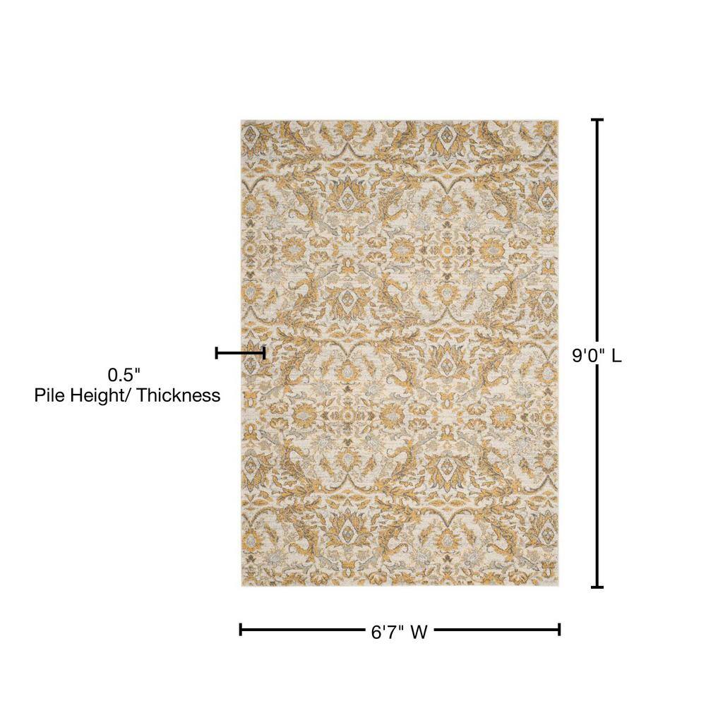 Ivory and Gold High Pile Floral Synthetic Area Rug