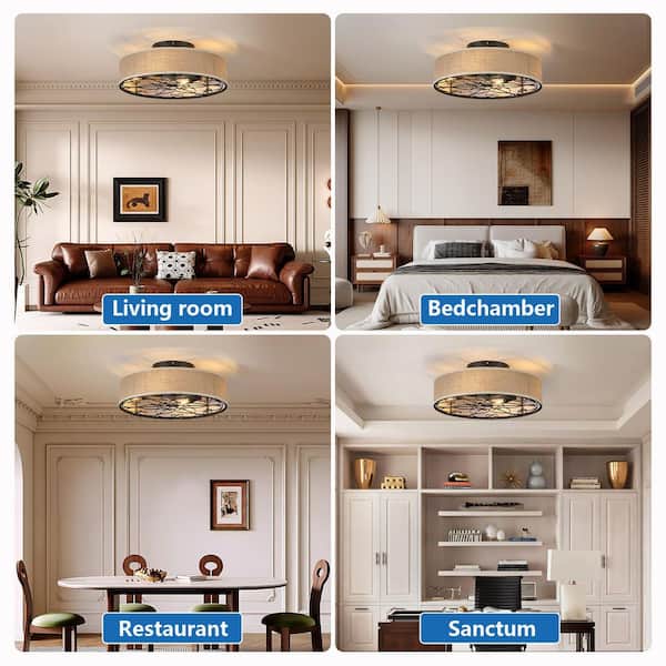 20 in. Flush Mount Black Ceiling Fan with Decorative Linen Hoop Clear Blade Included Remote Control, No Bulb Included