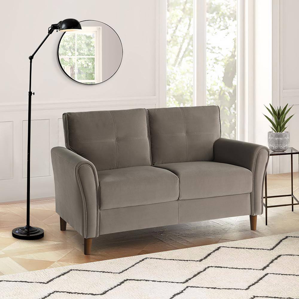 Brown Velvet Tufted Loveseat with Flared Arms and Wood Frame