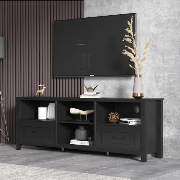 Clihome 70.08 In. L Black TV Stand with 2 Drawers&4 High-Capacity Shelves