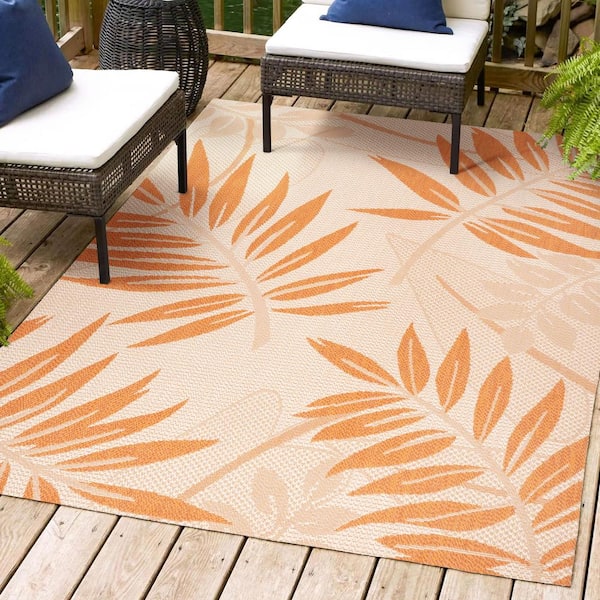 Cream/Orange 8 ft. x 10 ft. Havana Tropical Palm Leaf Indoor/Outdoor Area Rug