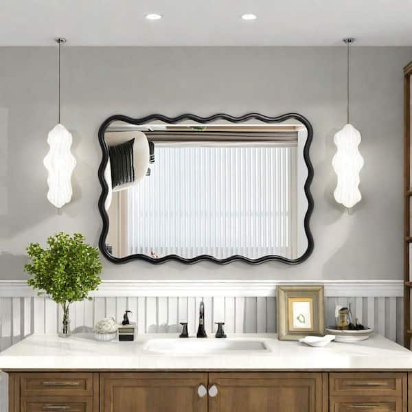 FUNKOL 40 in. L x 28 in. W Wave Rectangle Solid Wood Framing Wall Mount Bathroom Vanity Mirror in Black