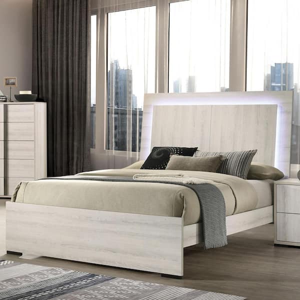 Furniture of America Ramensy White Engineered Wood Frame Full Panel Bed with LED on Headboard