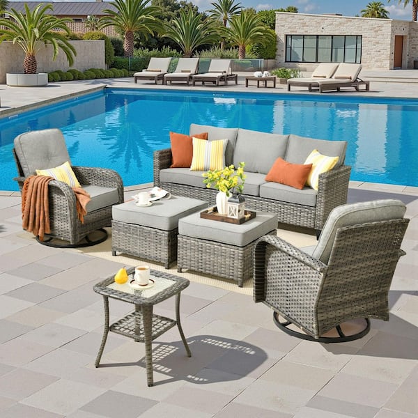 Elysia Gray 6-Piece Wicker Outdoor Sectional Patio Conversation Set with Dark Gray Cushions Rocking Chairs and Ottomans