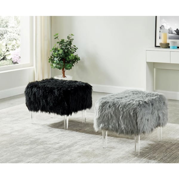 Rona Gray Faux Fur Ottoman