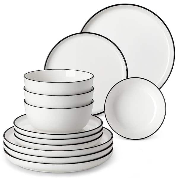 12-Piece White Color Black Rim Porcelain Dinnerware Set Service for 4 Tableware Service Set Bowls and Plates Set
