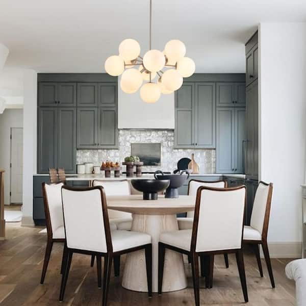 Carla 13-Light 23.6 in. W Brushed Nickel Modern Chandelier with Bubble Cluster Light Glossy Opal Glass for Living Room