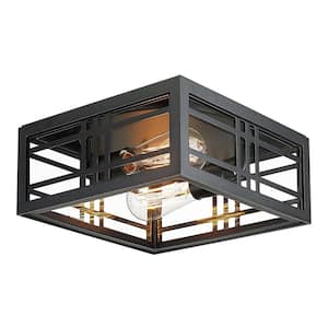11 in. 2-Light Black Modern Flush Mount with Clear Glass and No Bulbs Included