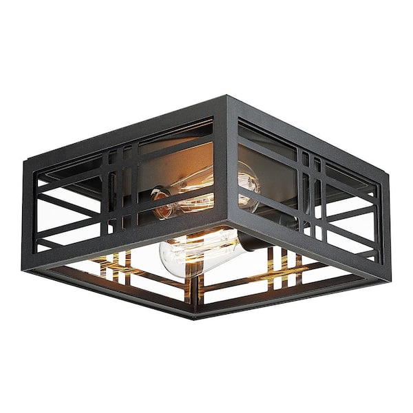 JAZAVA 11 in. 2-Light Black Modern Flush Mount with Clear Glass and No Bulbs Included