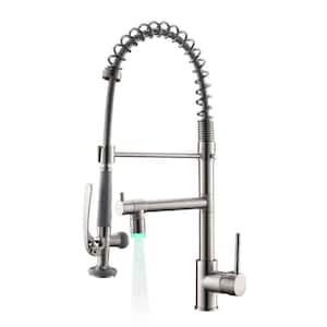 Stylish Single Handle Pull Down Sprayer Kitchen Faucet with Pot Filler and LED Light in Brushed Nickel