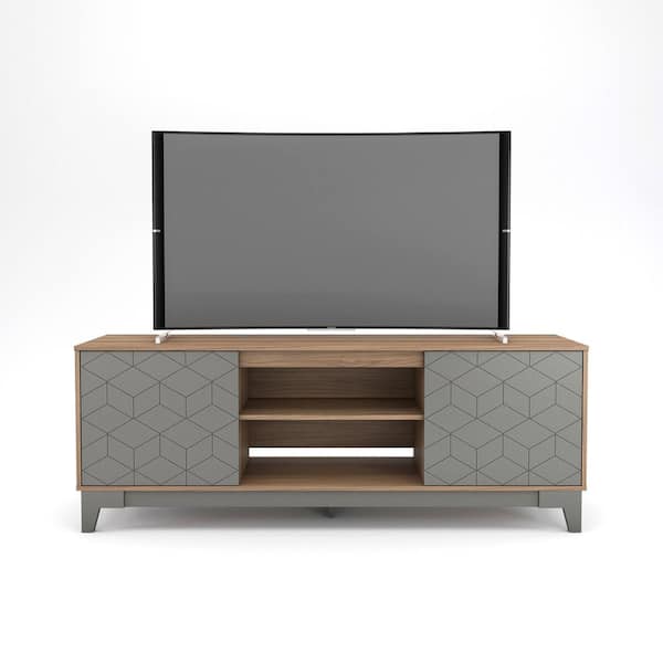 Megalak Finition, Inc. Hexagon 71 in. Nutmeg and Matte Greige Engineered Wood TV Stand Fits TVs Up to 80 in. with Storage Doors