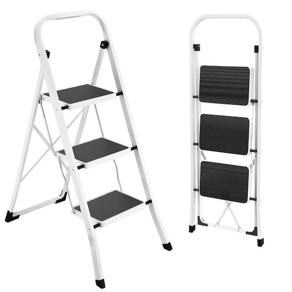 3-Step 8.32 ft. Reach White Steel Folding Step Stool with Anti-Slip Pedal, 330 lb. Load Capacity Type IA Duty Rating