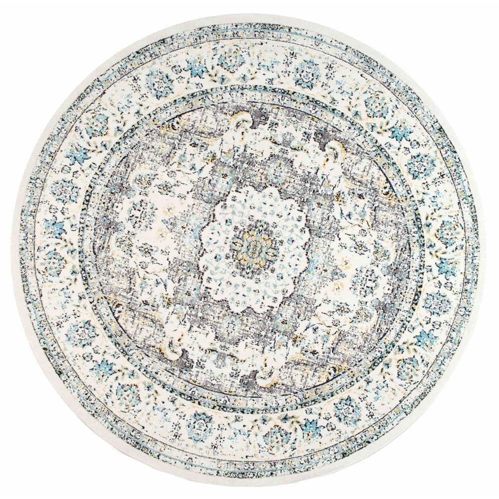 Gray and Beige Round Synthetic Persian Style Area Rug