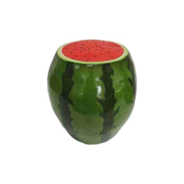Avex Green and Red Round Resin 13.39 in. H Outdoor/Indoor Art Decor Side Table Watermelon Fruit Stool